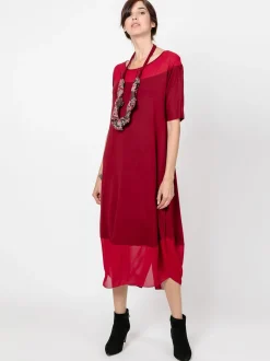 Abito lungo con inserti in chiffon BORDEAUX