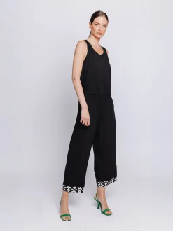 Pantalone cropped con inserto in popeline stampato